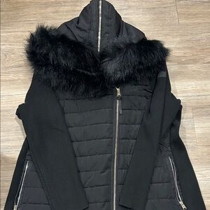 Women's Black Quilted Jacket with Faux Fur Trim